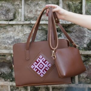 Versatile Brown Leather Tote with Embroidered Accent